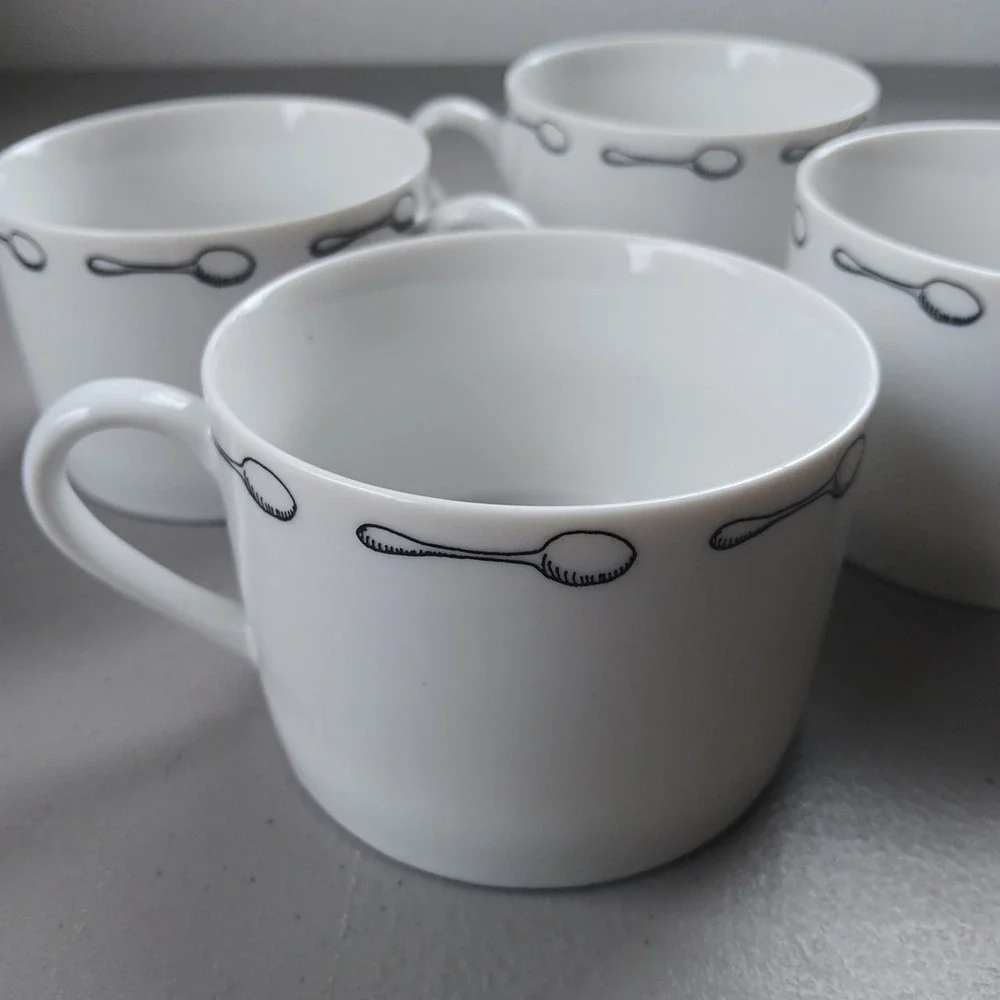 4 Pier 1 Porcelain Coffee‎ Mugs Cups 8 oz Espresso White with Spoon Circle VTG